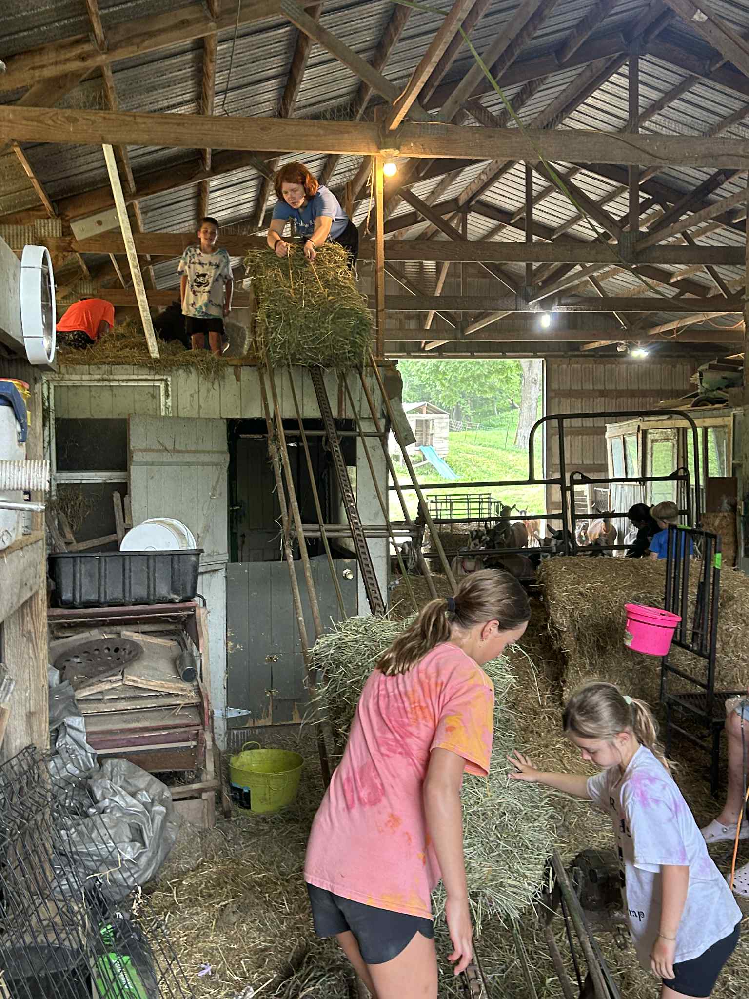 Children and adults are stacking hay in a barn, with some working on the top level and others on the ground.